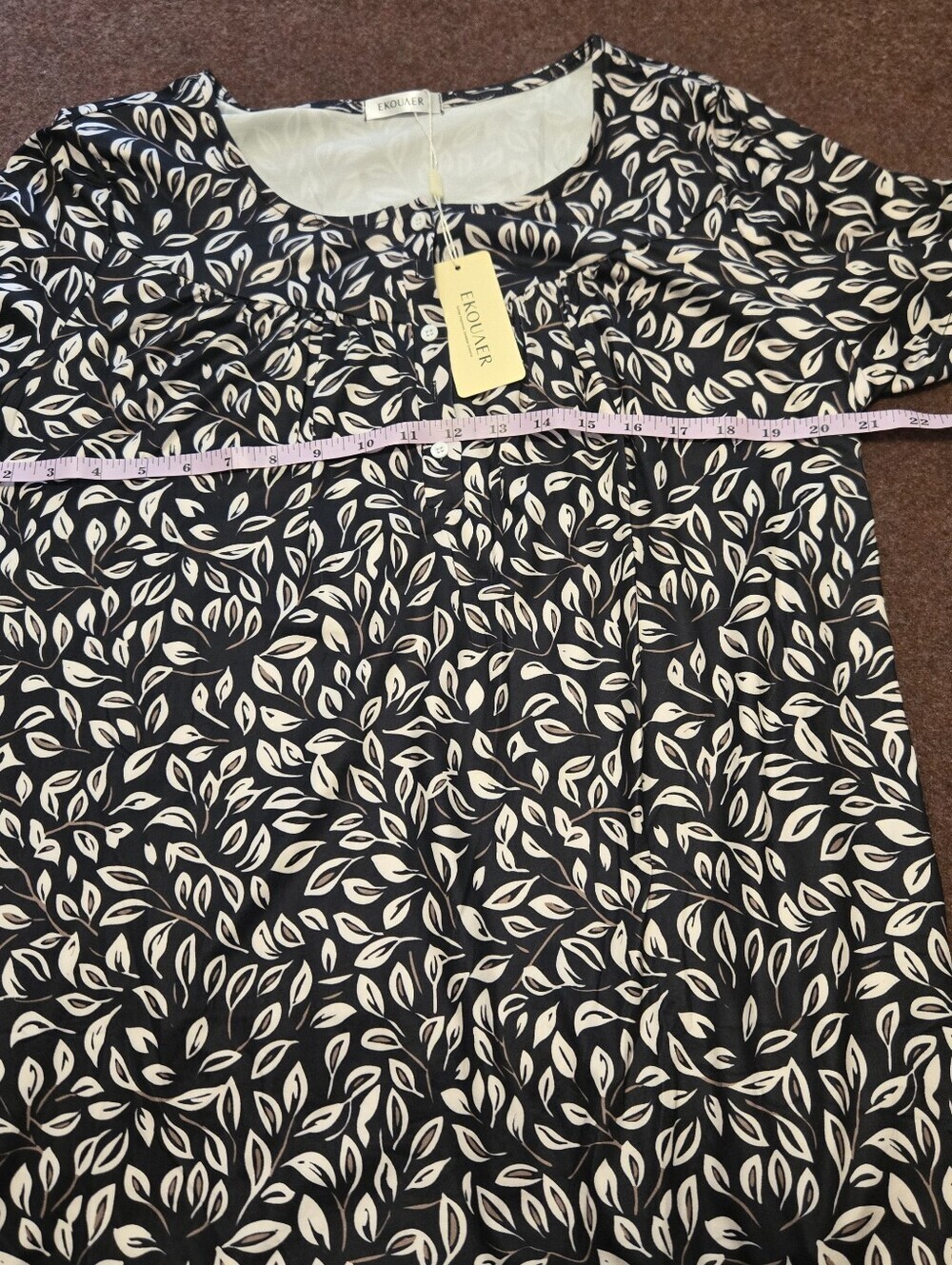 New! Ekouaer Leaf Print Night Gown Size Large Black White Taupe - Picture 6 of 6